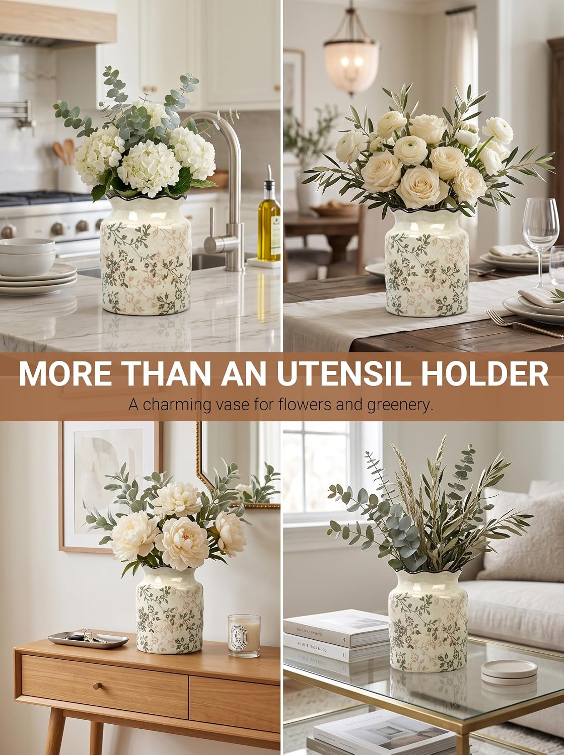Ceramic Utensil Holder for Kitchen Counter, Vintage Floral Farmhouse Décor