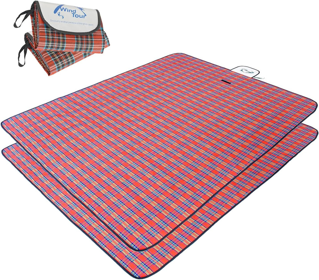Wind Tour Waterproof Picnic Blanket with Carry Strap - Foldable Sandproof Outdoor Mat for Camping, Beach, Park - 59" x 71",Red (Two Mat Set)