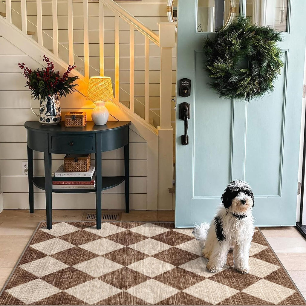 Brown Beige Checkered Entry Rug - 3x5 Non-Slip Indoor Outdoor Rugs