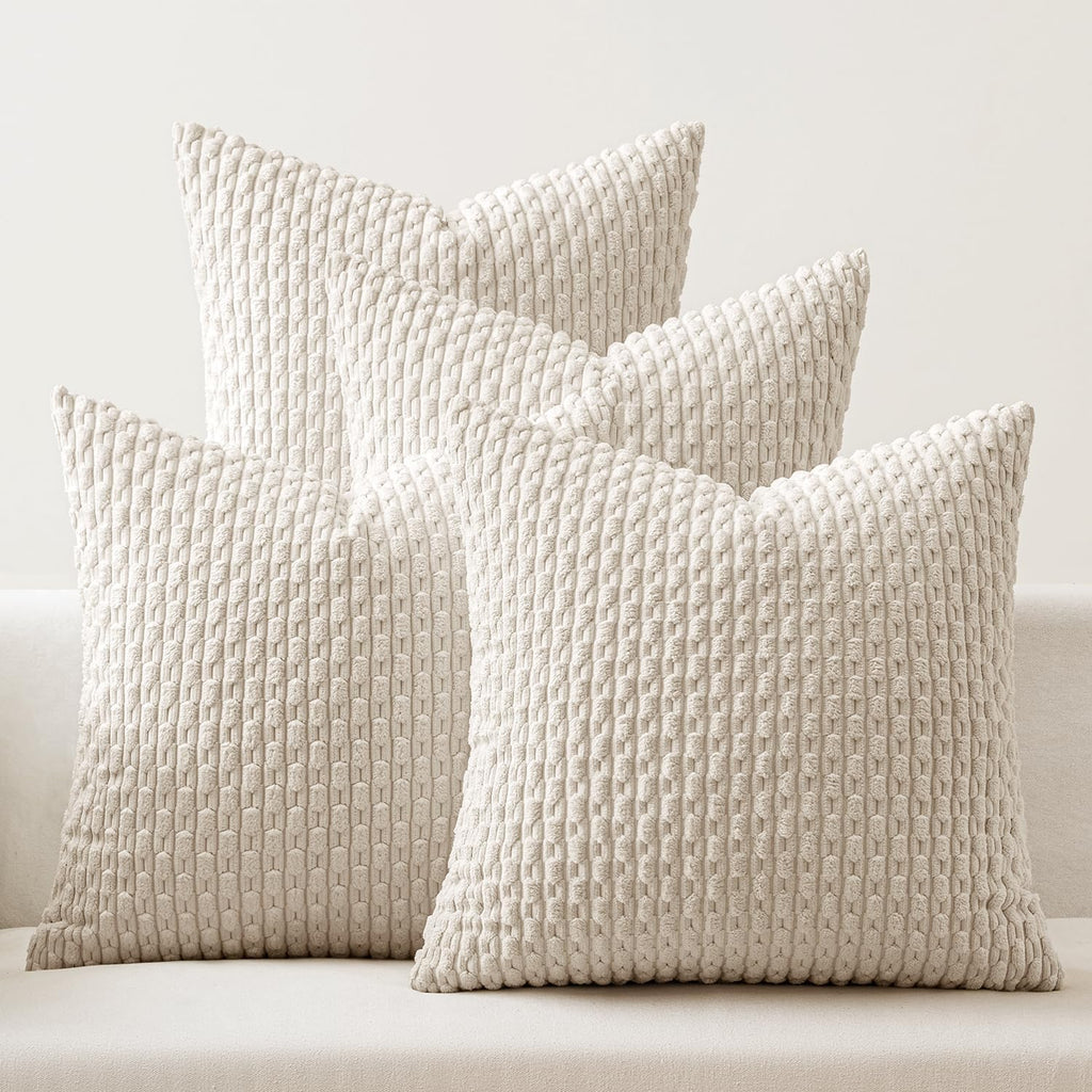 MIULEE Beige Decorative Throw Pillow Covers for Couch Living Room 18x18 Inch Soft Pillow Cases Set of 4 Boho Striped Corduroy Farmhouse Cushion Covers Home Decor for Sofa Bed