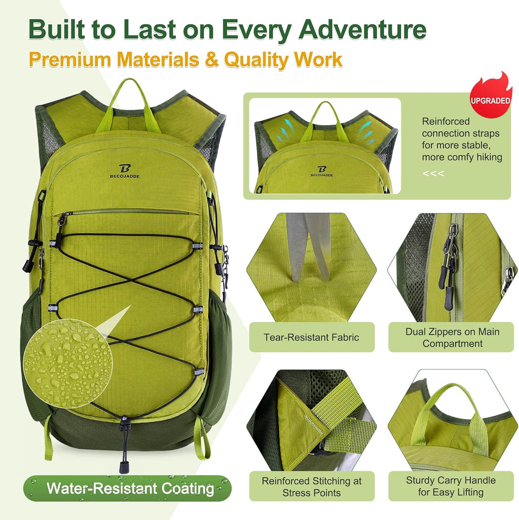 BECOJADDE Hiking Backpack 15L Small Backpack Packable Day pack Water Resistant Lightweight Travel Backpack for Women Men with Shoulder Strap Pockets for Hiking Camping Outdoor, Green