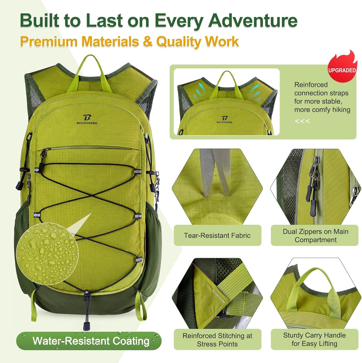 BECOJADDE Hiking Backpack 15L Small Backpack Packable Day pack Water Resistant Lightweight Travel Backpack for Women Men with Shoulder Strap Pockets for Hiking Camping Outdoor, Green