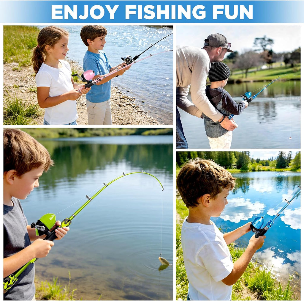PLUSINNO Kids Fishing Pole with Spincast Reel Telescopic Fishing Rod Combo Full Kits for Boys, Girls, and Adults