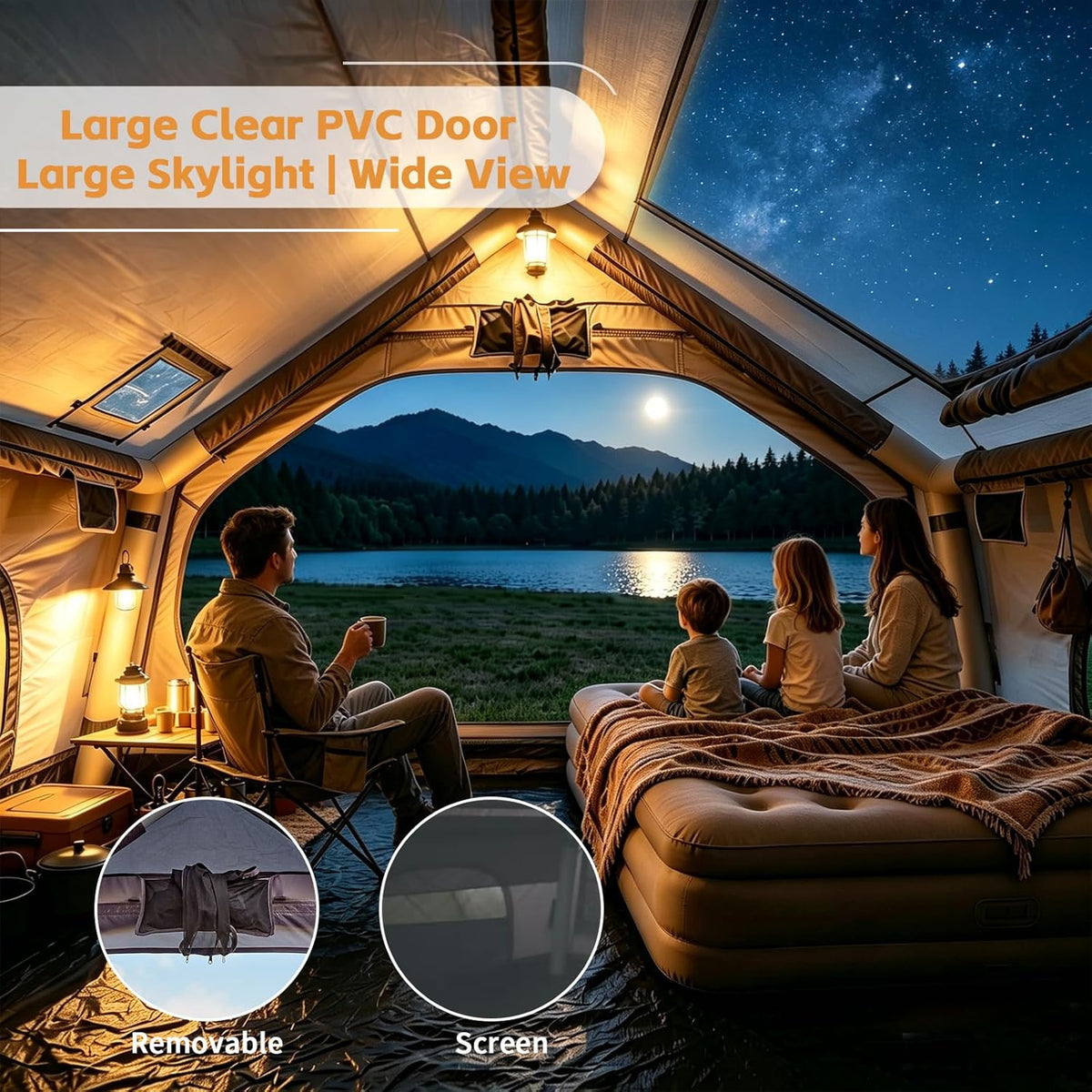 Inflatable Tents for Camping with Skylight and Stove Jack,4-6 Person Inflatable Camping Hot Tent with Pump,Easy Setup Family Camping Tent 4 Season Waterproof Outdoor Tents
