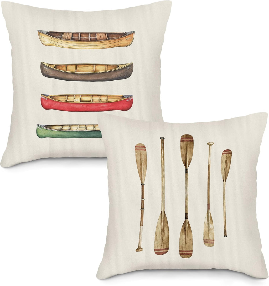 Retro Canoe Paddle Throw Pillow Covers Set of 2, Vintage Paddles Pillow Case Cover for Sofa Couch, Farmhouse Outdoor Boat Cushion Cover Case for Bedroom, Lake House Decor, 18x18 Inch