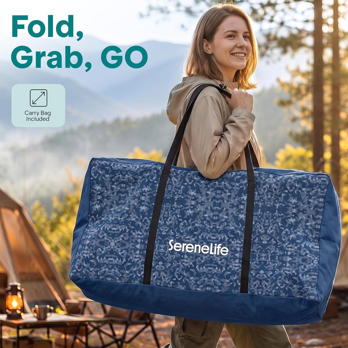 SereneLife Portable Director Chair, Folding Camping Chair with Side Table, Cup Holder & Padded Wide Armrest, 600D Weather-Resistant Fabric, Steel Frame, Carry Bag for Adults, Picnic, Blue Camouflage
