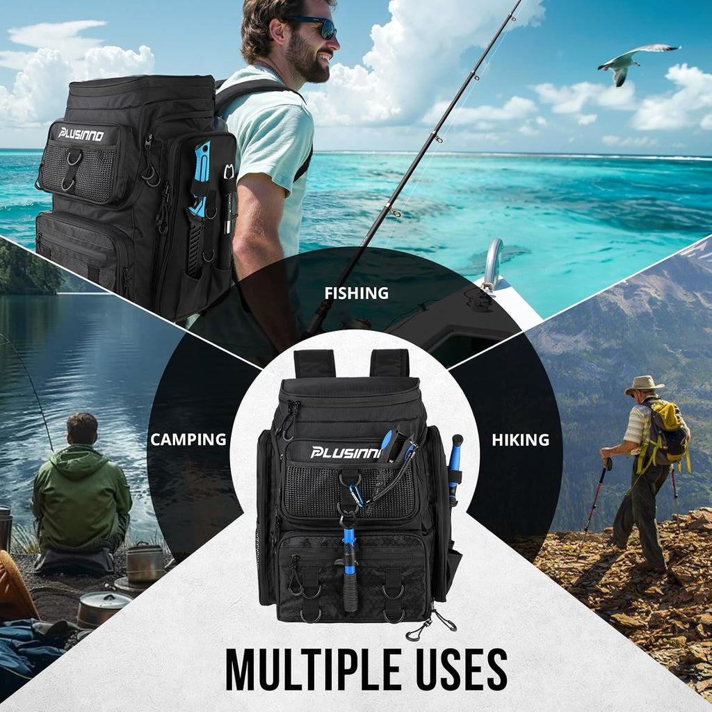 PLUSINNO Fishing Tackle Backpack with Rod Holders，42L Water-resistant Fishing Bag Store Fishing Gear,Fish Gifts For Men.