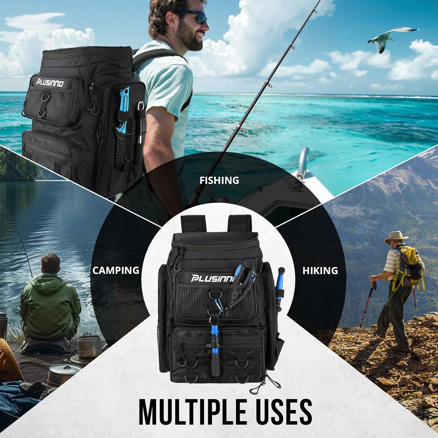 PLUSINNO Fishing Tackle Backpack with Rod Holders，42L Water-resistant Fishing Bag Store Fishing Gear,Fish Gifts For Men.