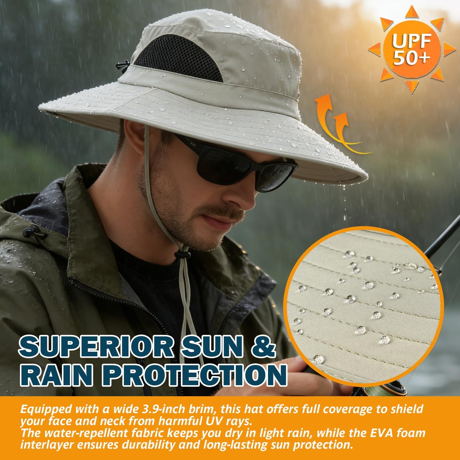 Wide Brim Sun Bucket Hat, Waterproof Boonie Hat for Men & Women