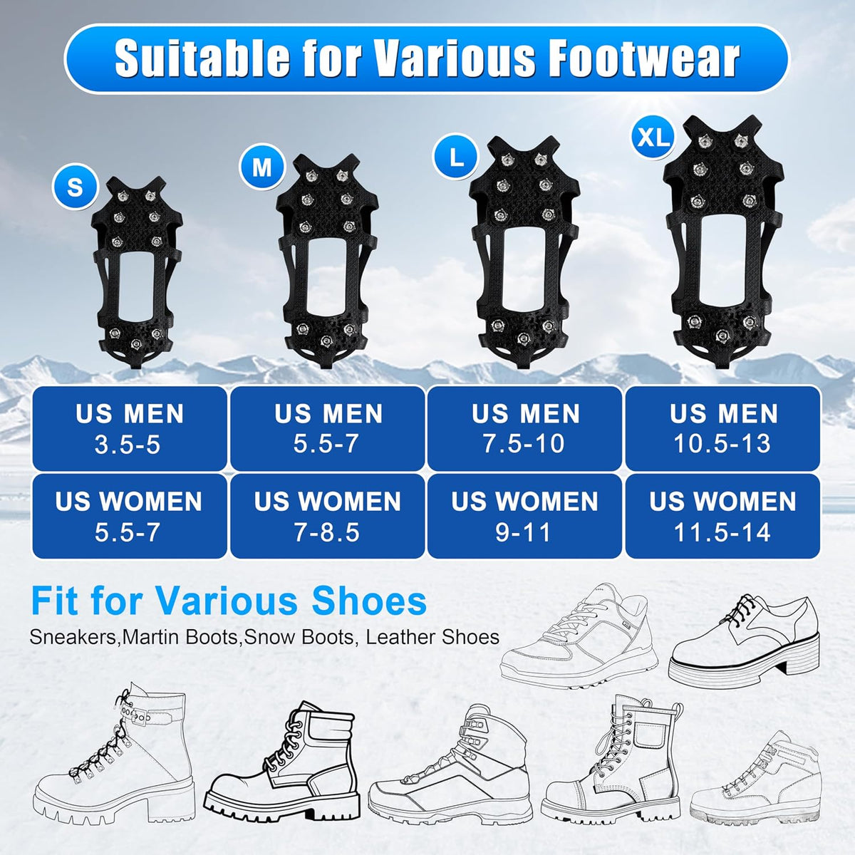 Crampons Ice Cleats for Shoes and Boots Snow Traction Cleats for Walking on Snow and Ice 9 Point Cleats Non-Slip Grippers Overshoe Silicone Stretch Footwear for Winter Hiking Climbing Ice Fishing