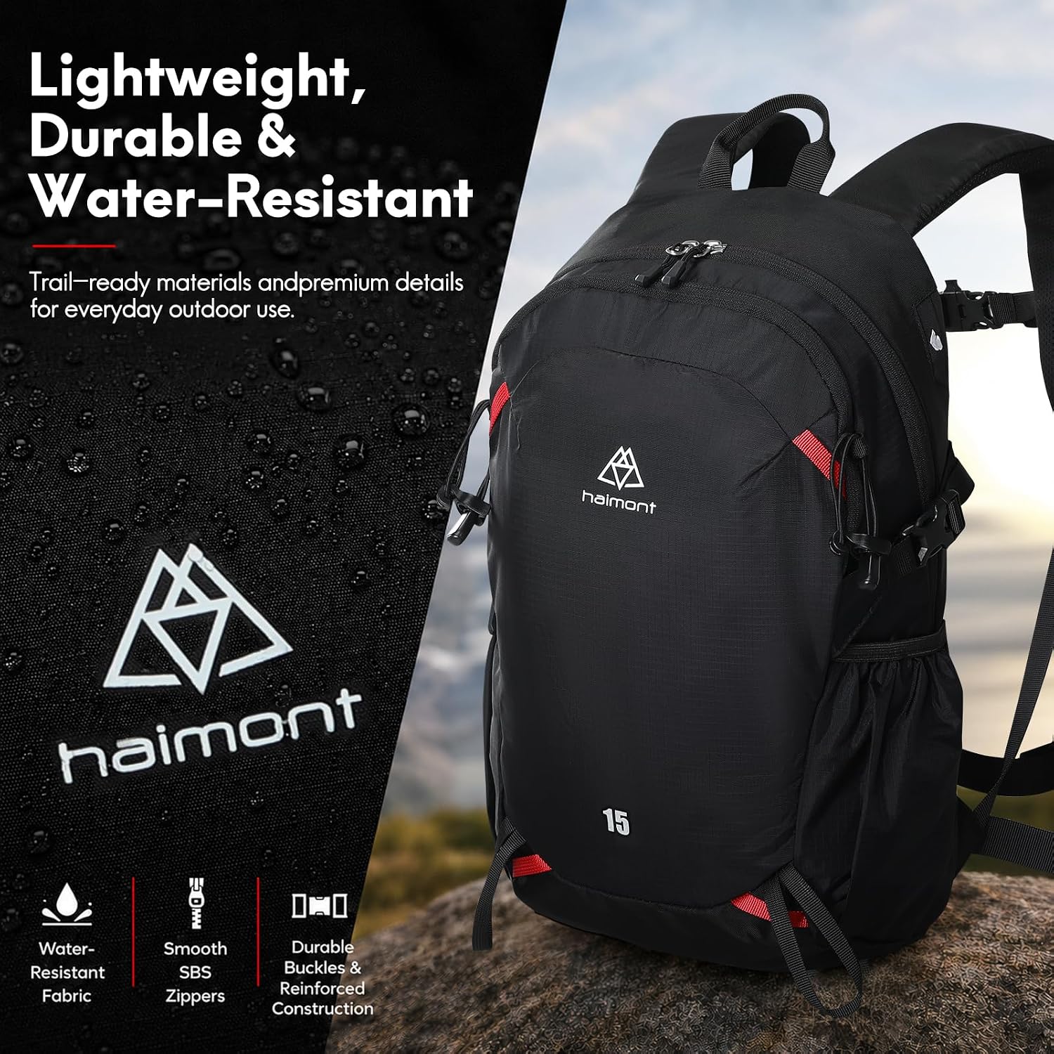 Haimont 15L Lightweight Hiking Daypack, Black
