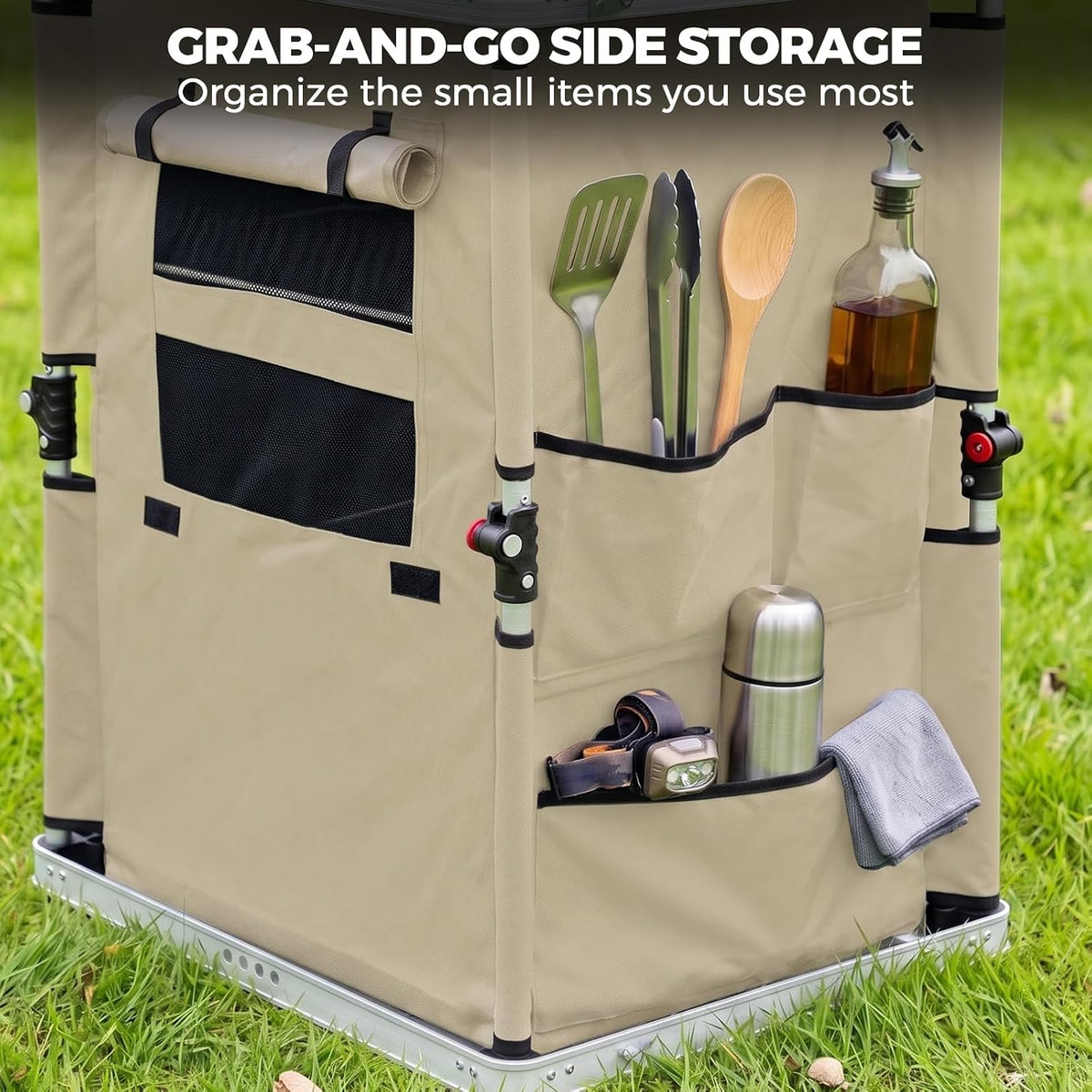 EAGLE PEAK Outdoor Folding Camping Table with Large 3-Tier Storage Organizer and Side Pockets, Easy Set Up Portable Aluminum Camping Kitchen, Beige