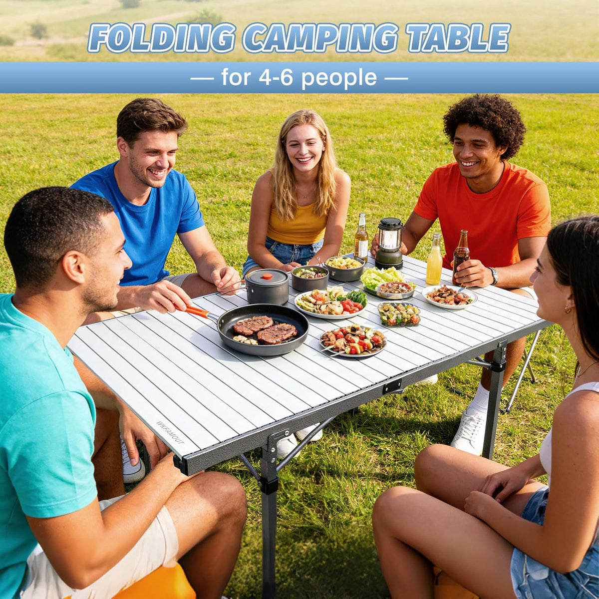 29.9" Tall Folding Camping Table for 2-6 Person, 54.7" Large Aluminum Foldable Roll-up Table Outdoor with Carry Bag for Picnic, Camp, Sturdy, Backyard, Patio