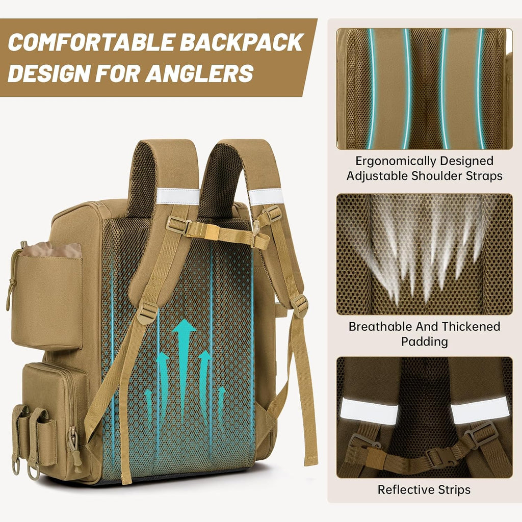 40L Tackle Fishing Backpack with 2 Rod Holders, Fits 4 3600 Trays