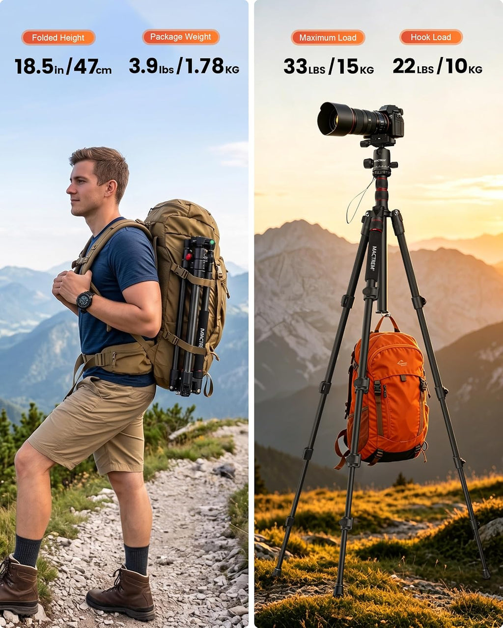 MACTREM 90in 2-in-1 Camera Tripod Monopod Aluminum Heavy Duty Travel Tripod