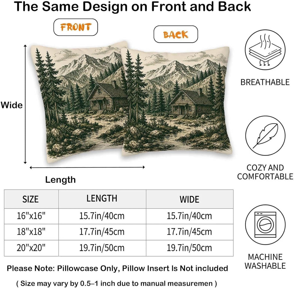 Mountain Cabin Throw Pillow Covers 18x18 Set of 2 | Rustic Lodge Decorative Cushion Covers | Pine Forest Pillow Cases for Couch Sofa Bed Living Room | Woodland Home Decor