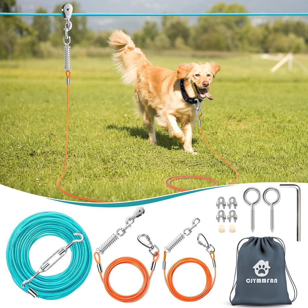 Professional Dog Runner Trolley System，Heavy Duty & Adjustable 50ft Dog Zip Line with 10ft & 15ft Tie Out for Large Dogs Up to 250lbs, Chew Proof Dog Run Cable for Yard, Camping & Outdoor Adventure