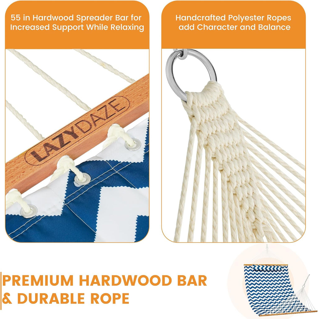 Lazy Daze Double Quilted Hammock with Pillow and Carabiners, Blue Chevron