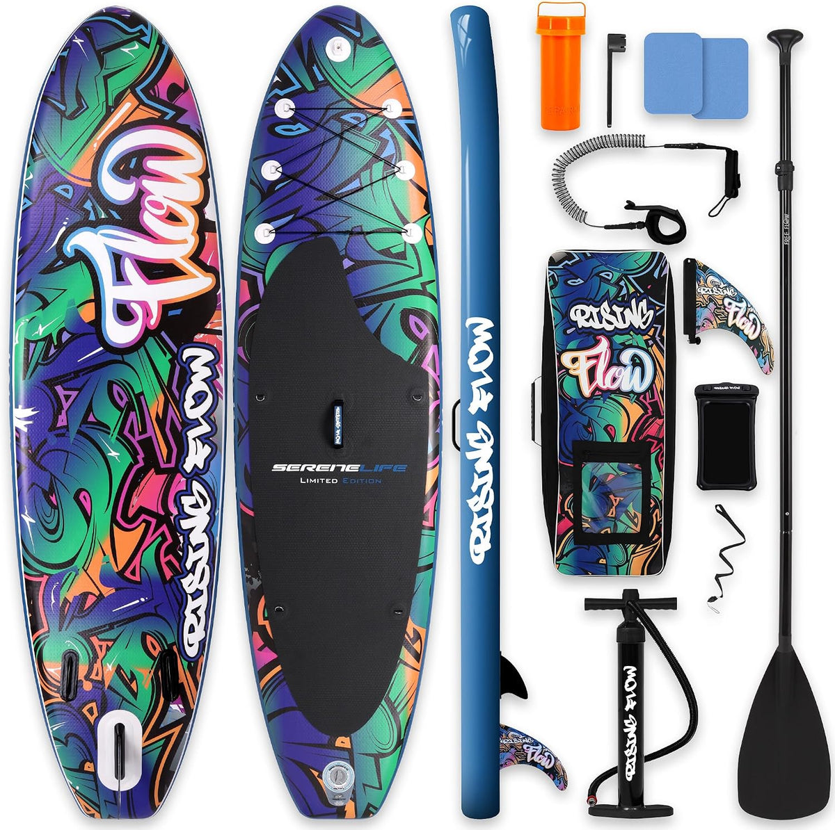 SereneLife 10’6” Inflatable Stand Up Paddle Board with Premium SUP Accessories - 32” Wide Stable Design with Non-Slip EVA Deck Pad, for Youth and Adults, 350 lbs. Capacity