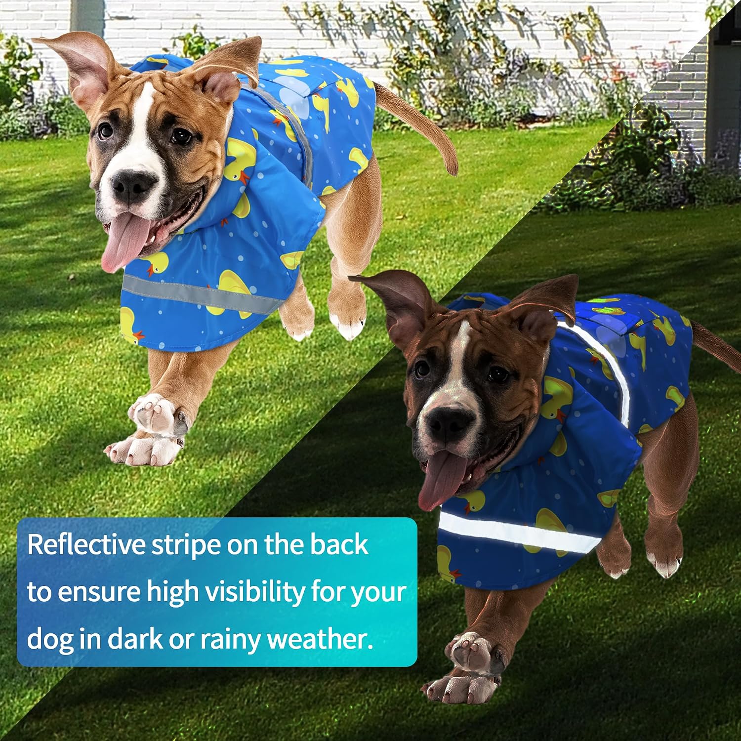 DELIFUR Large Dog Raincoat- Waterproof Dog Rain Poncho Adjustable Double Layer Rain Jacket with Hood for Medium Large Dogs Designed with Leash Hole Reflective Strip and Ducks (Blue Duck, Large)