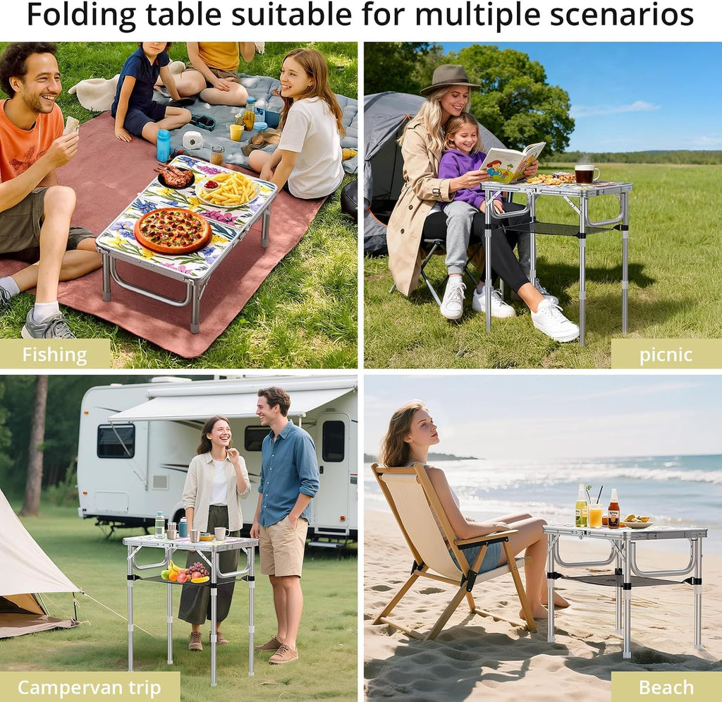 Anbte 2ft Small Folding Table, 3 Adjustable Height for Camping, 24" x 16"