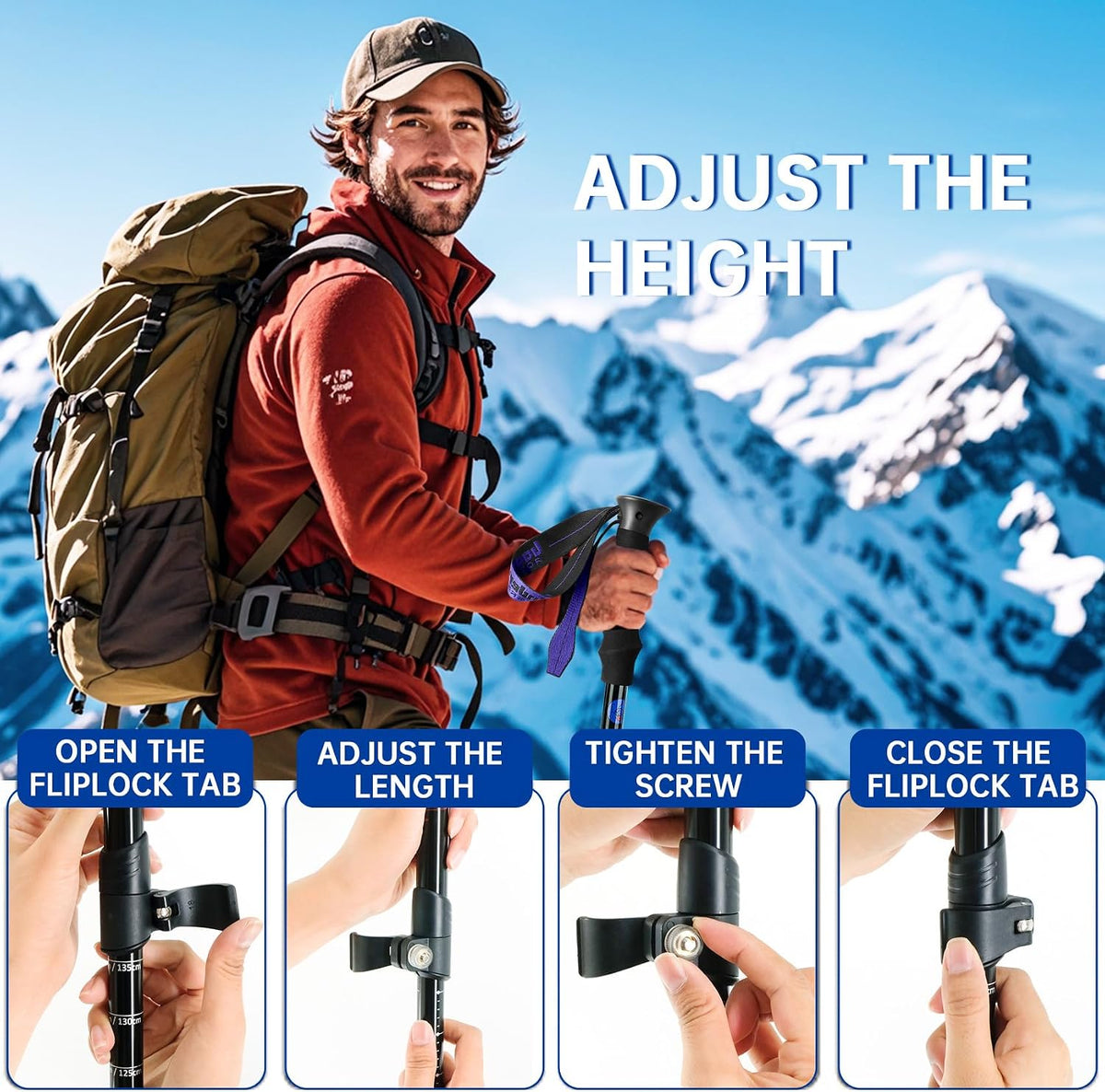 Collapsible Trekking Poles for Hiking, Adjustable Aluminum Walking Sticks