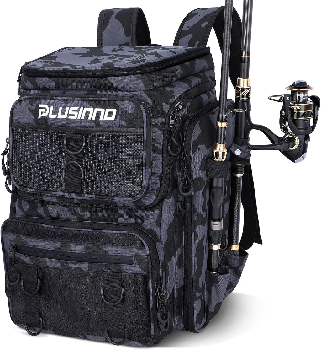 PLUSINNO Fishing Tackle Backpack with Rod Holders，42L Water-resistant Fishing Bag Store Fishing Gear, Fisher Gifts For Men.
