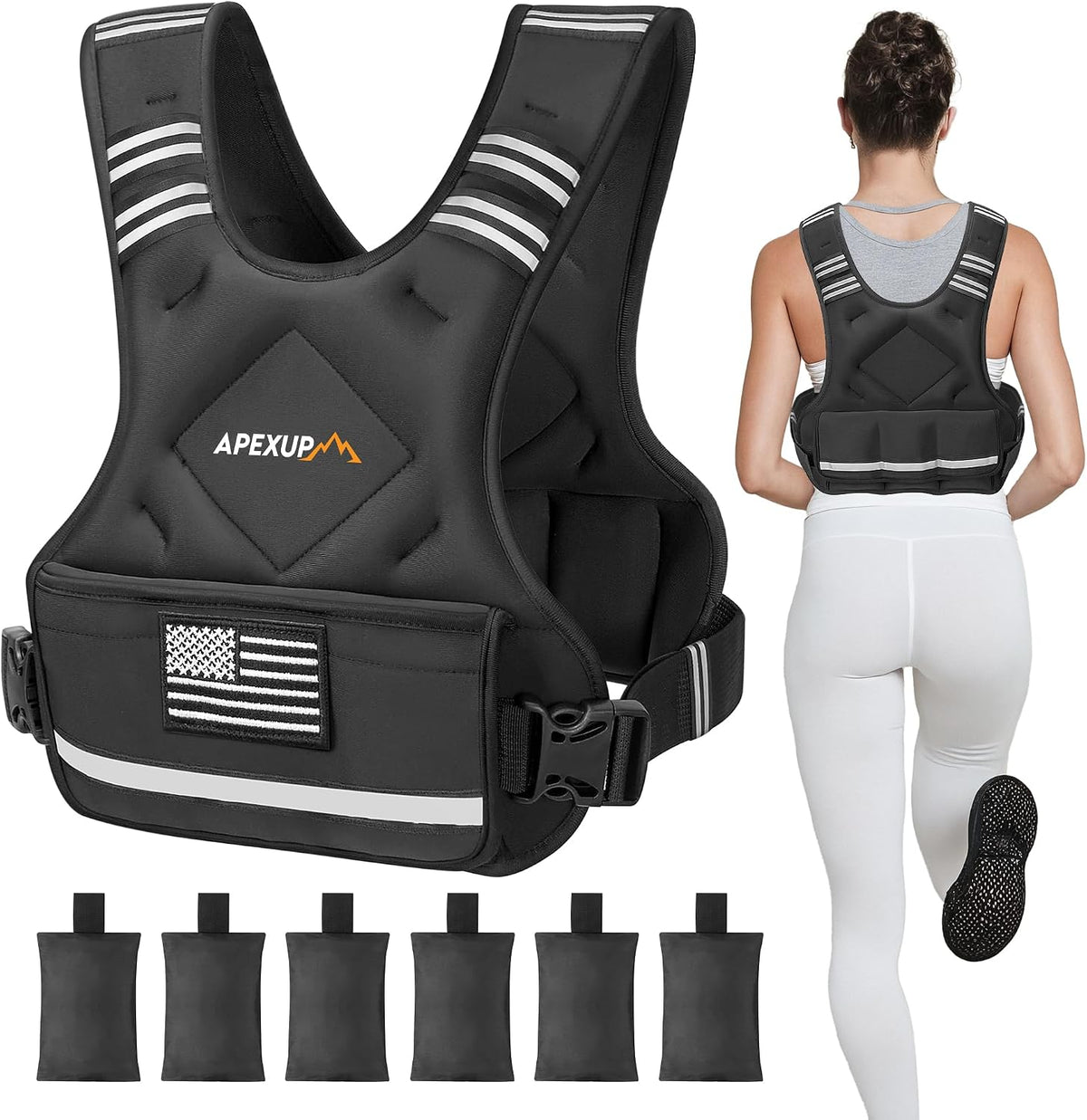 APEXUP Adjustable Weighted Vest, 4-10lb/12-18lb/20-32lb Vest with 6 Ironsand Weights and Large Pocket, Weight Vest for Men Women Strength Training, Running, Walking