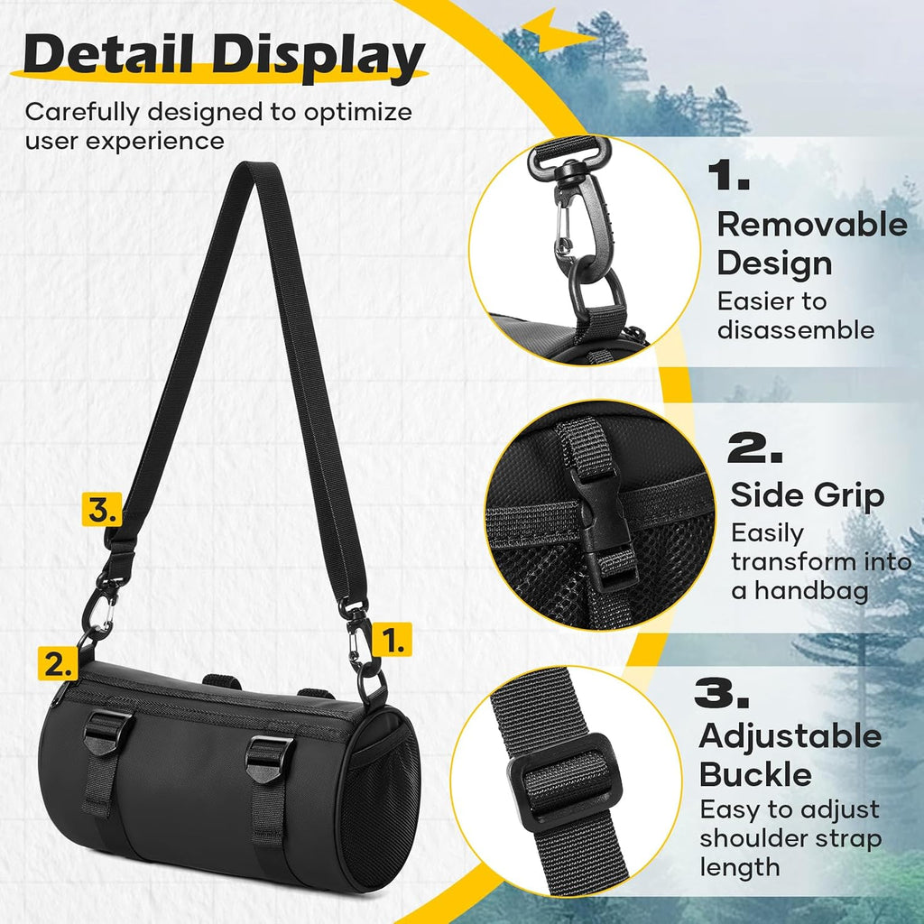 SEAFEW 4L Black Bike Handlebar Bag, Waterproof Bicycle Accessories, Bike Frame Front Pouch with Zipper and Shoulder Strap, Small Mountain Road Bike Barrel Bag