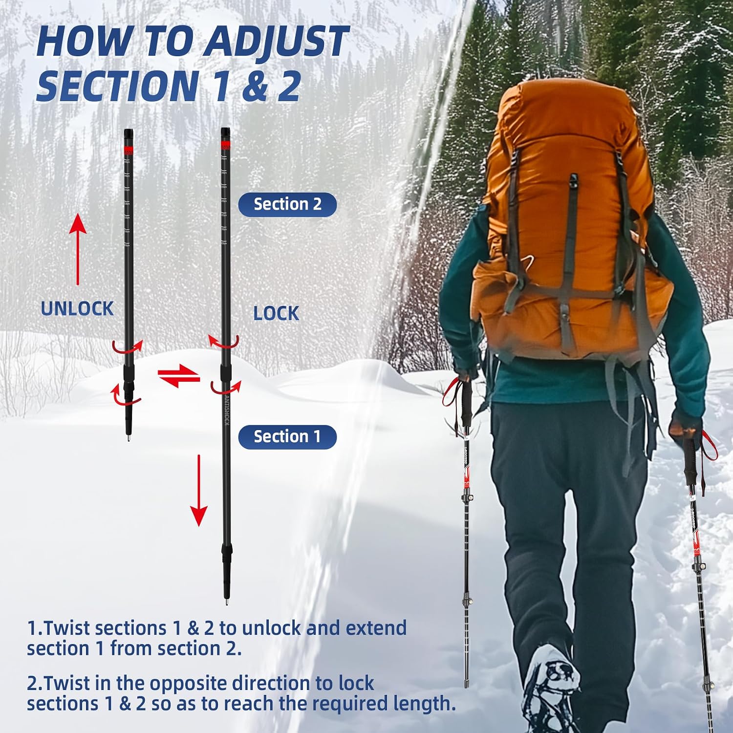 Hiking Poles, Trekking Poles for Hiking, Lightweight Aluminum Adjustable