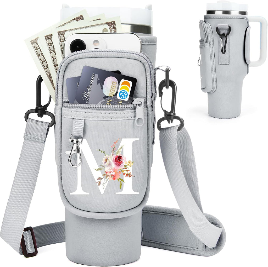Initial Water Bottle Holder with Strap for Stanley Cup Accessories 40 oz/Simple Modern Tumbler, Birthdays for Women Girls, Water Bottle Carrier Bag with Phone Pocket,Hiking Walking Gym Camping