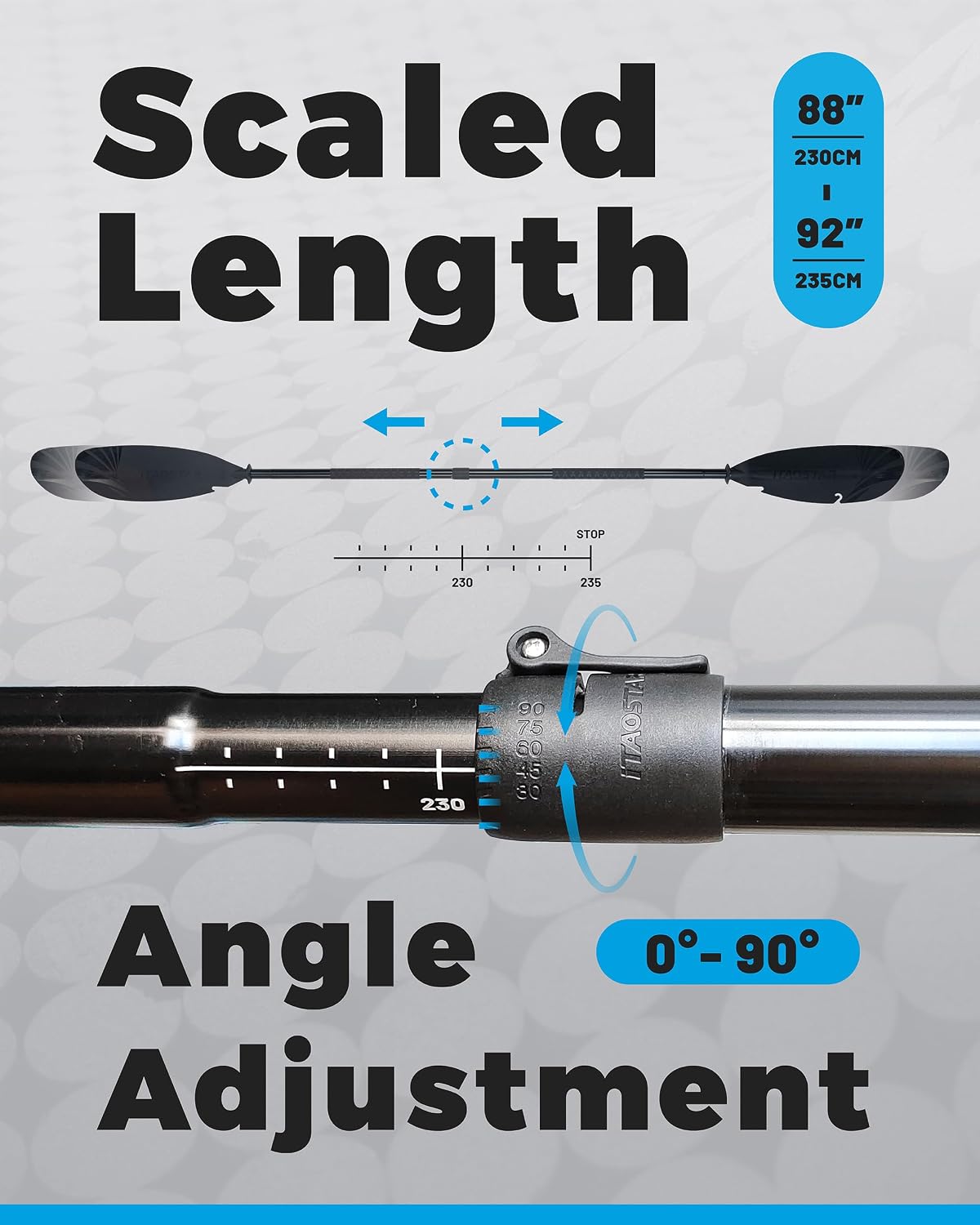 iTAOSTAR Adjustable Kayak Paddle, Aluminum Shaft and PP Blade, Floating Kayaking Oars with Anti-Freeze Grip & Drip Rings, 2-Piece Lightweight Oar for Kayak Canoe Fishing – 225-235 cm (88.6-92.5 in)