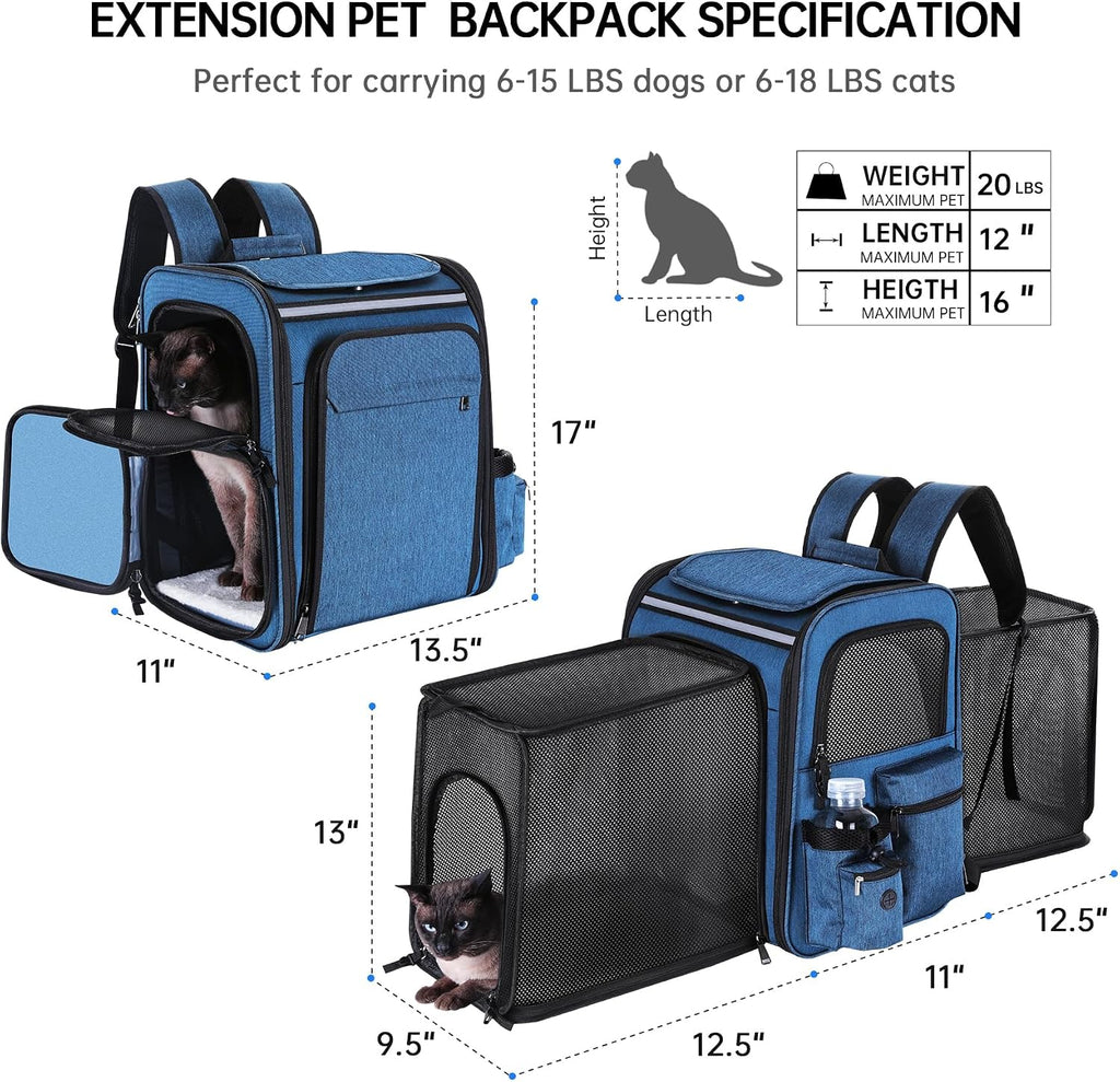 Cat Carrier Backpack for Travel,Dog Carrier Backpack for Large cat, Small Dogs,Puppies Up to 20 Lbs,Expandable Cat Backpack for Outdoor Hiking,Pet Carrier Backpack,Cat Backpack Carrier (Blue)