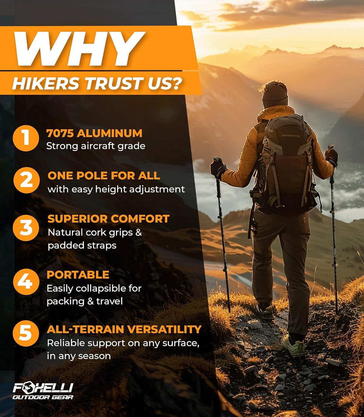 Foxelli Trekking Poles – Lightweight Collapsible Aircraft Grade Aluminum Hiking Poles with Cork Grips Quick Locks & All-Terrain Accessories – Pair of 2