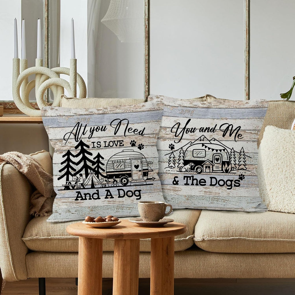 Camping Rv Pillow Covers 18x18 Set of 2, Camper Dog Campsite Pillow Covers for Home Bedroom Couch, You and Me and The Dogs,Camping Gifts for Women