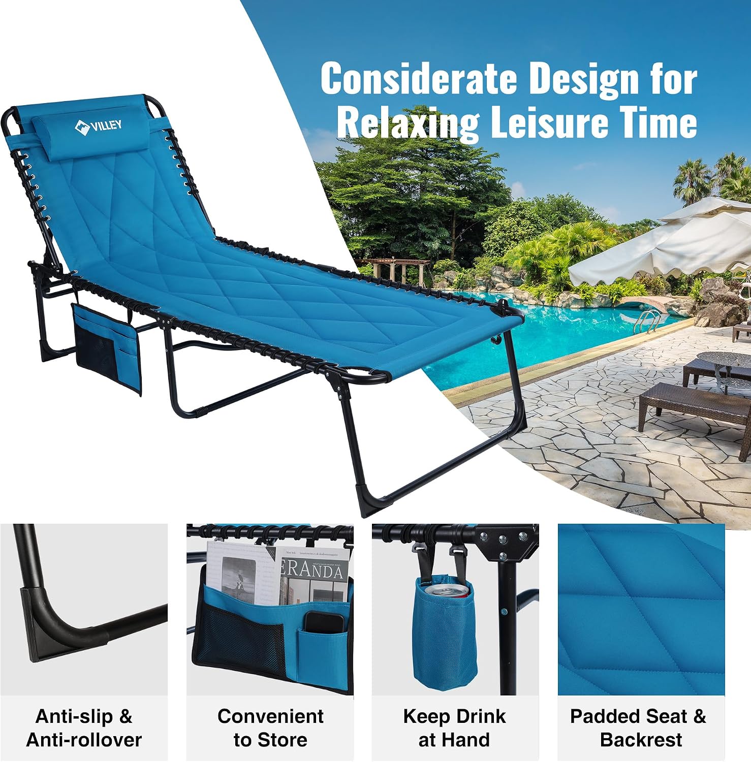 VILLEY Oversized Padded Chaise Lounge with Cushion, Foldable Recliner