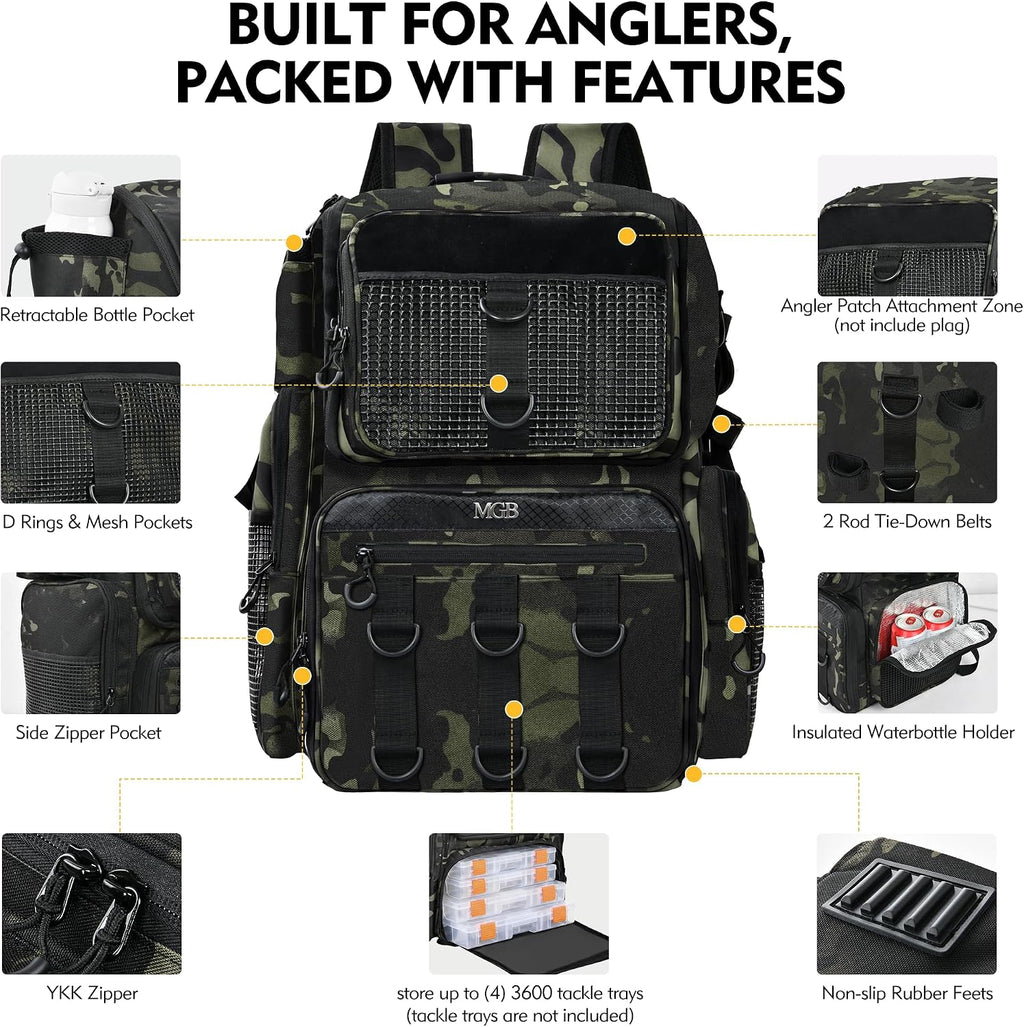 MGB Fishing Backpack, 46L Water-resistant Fishing Tackle Backpack