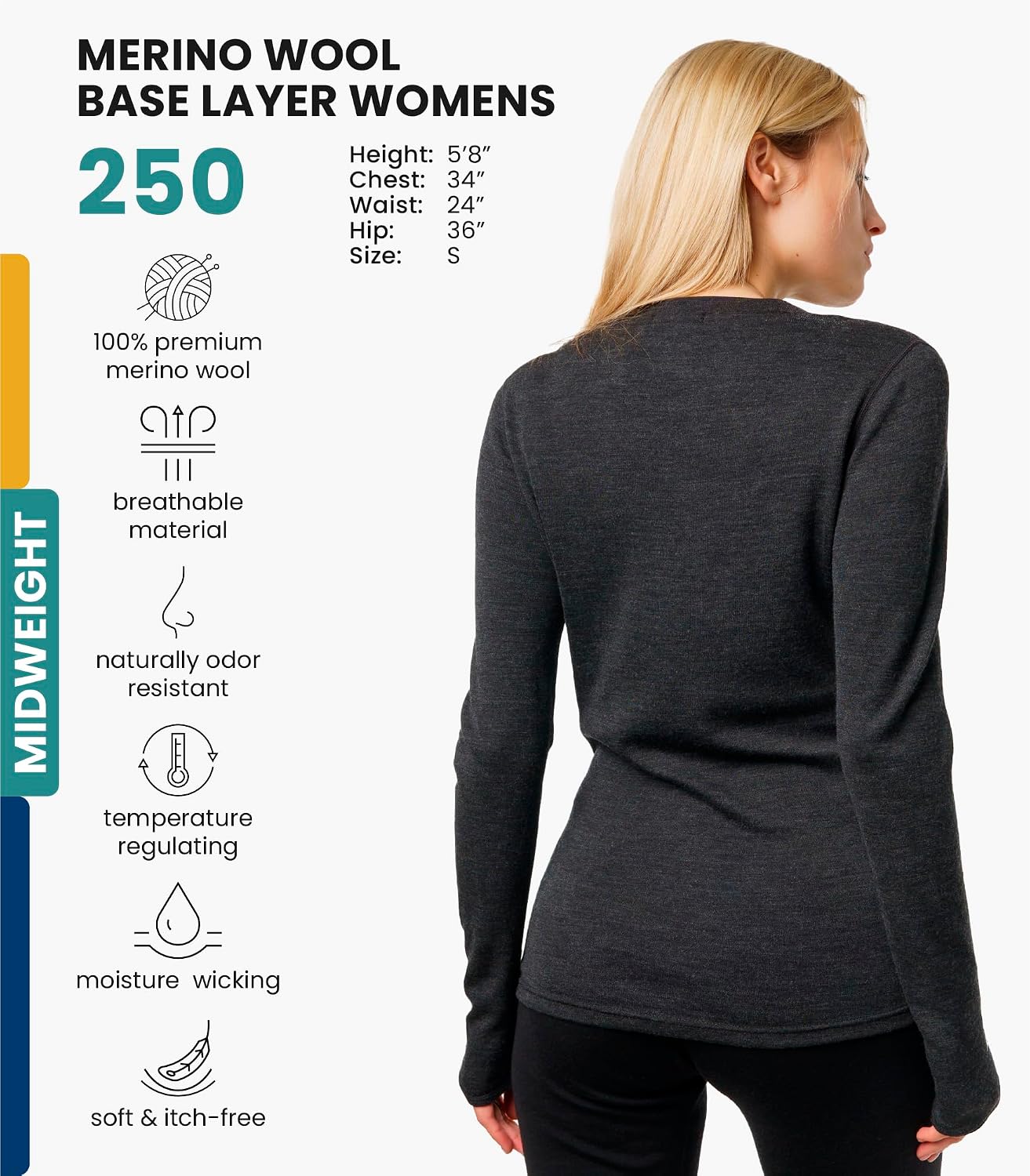100% Merino Wool Base Layer Women - Long Sleeve Thermal Shirt with Socks