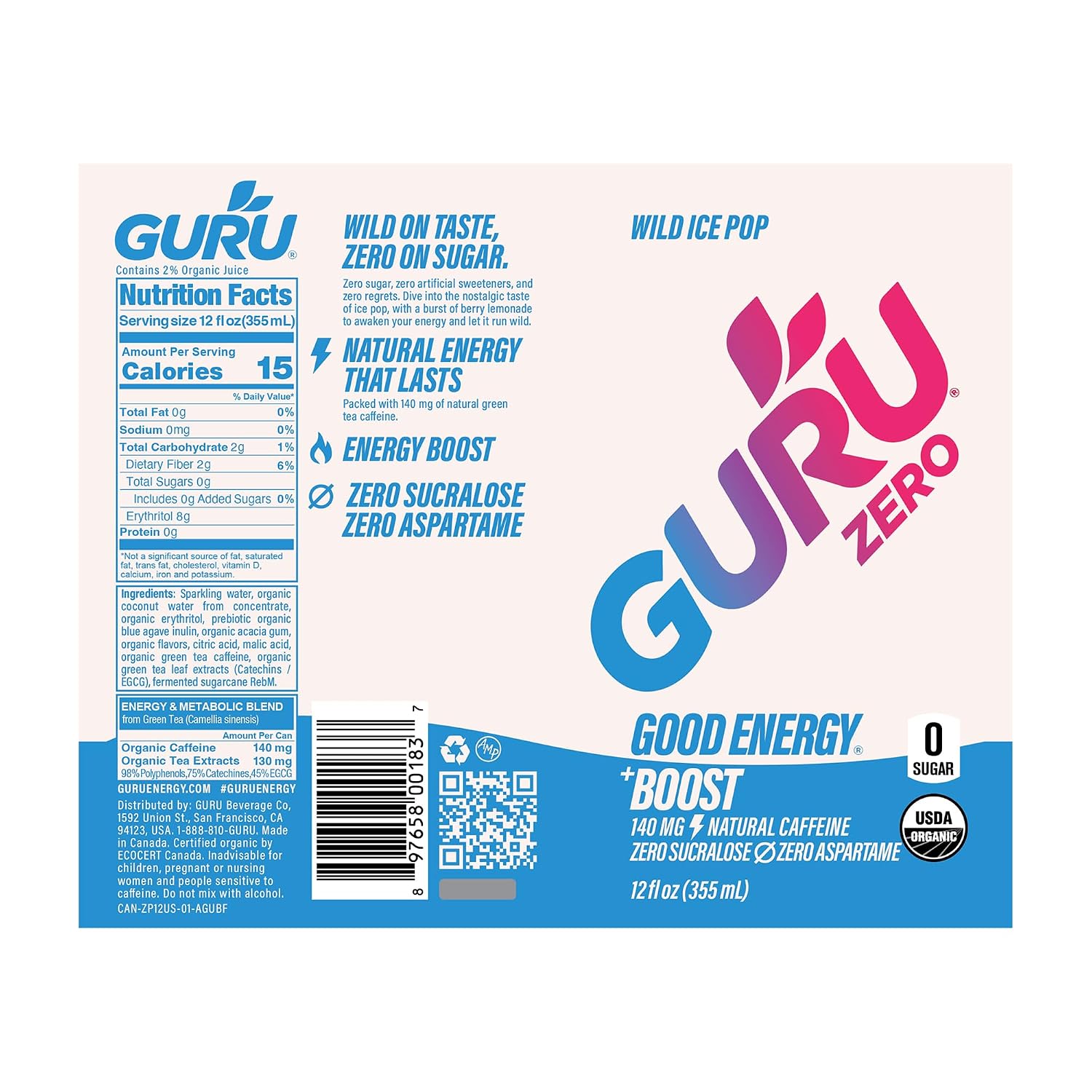 GURU Zero Sugar Organic Energy Drink, Ice Pop, 12 Fl Oz, 24 Pack