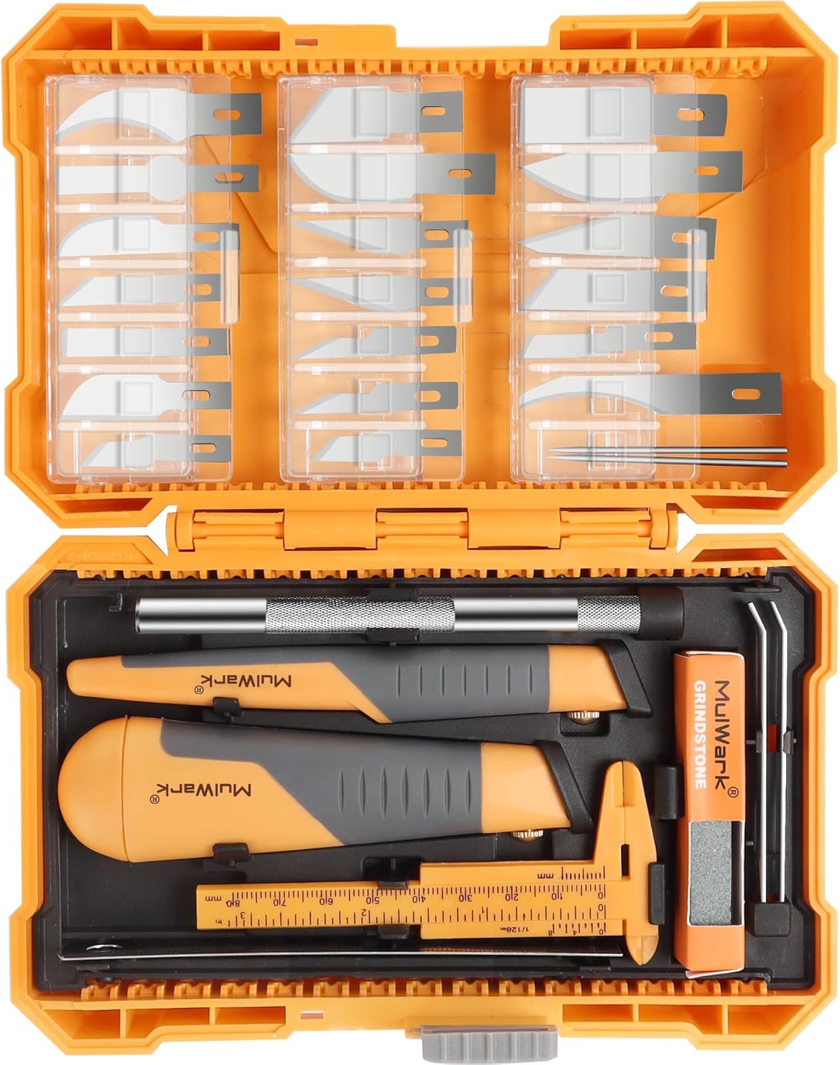 MulWark 41-Piece Precision Hobby Knife Set - Exacto Knife Set For Modeling - Craft Knife Handle Customized With Chiseling, Stencil Edge And Fine Point Blades With Sharpening Stone And Steel Ruler