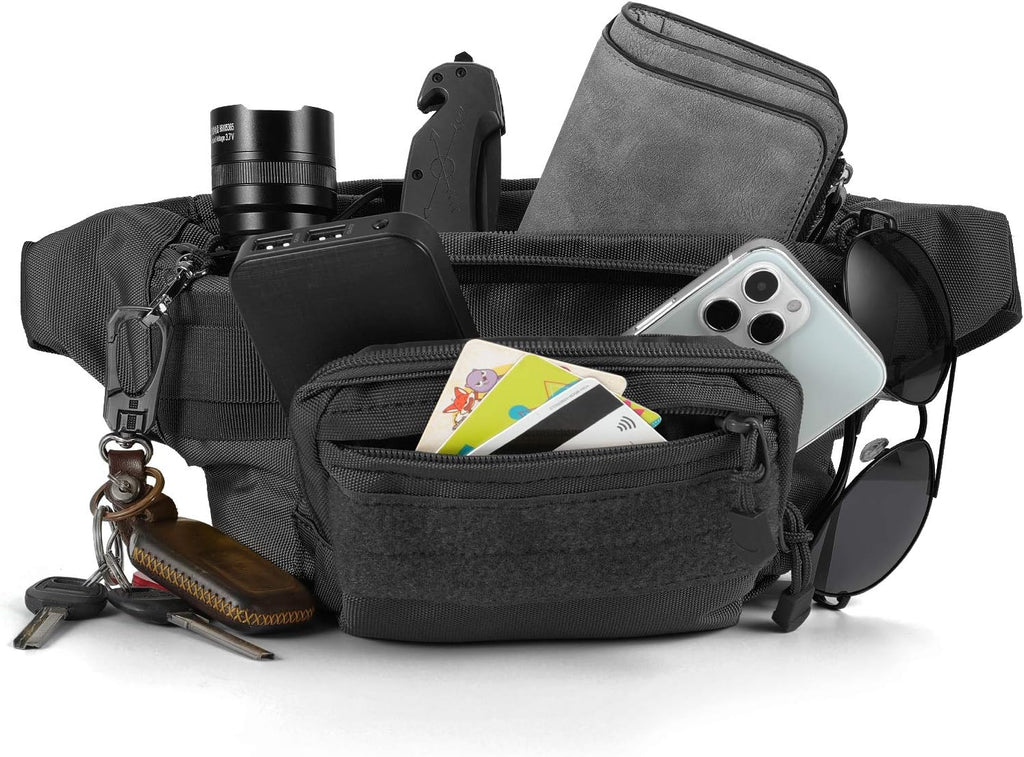 SOWHUP Tactical Fanny Pack,Military Waist Bag Pack with U.S Patch Utility Hip Belt Bumbag for Outdoor Fishing Hiking (Black(4 Zipper Pockets))