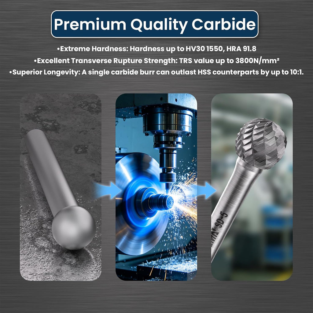 LU&MN SD-5 Tungsten Carbide Burr, 1/2" Head 1/4" Shank, 3 Pcs