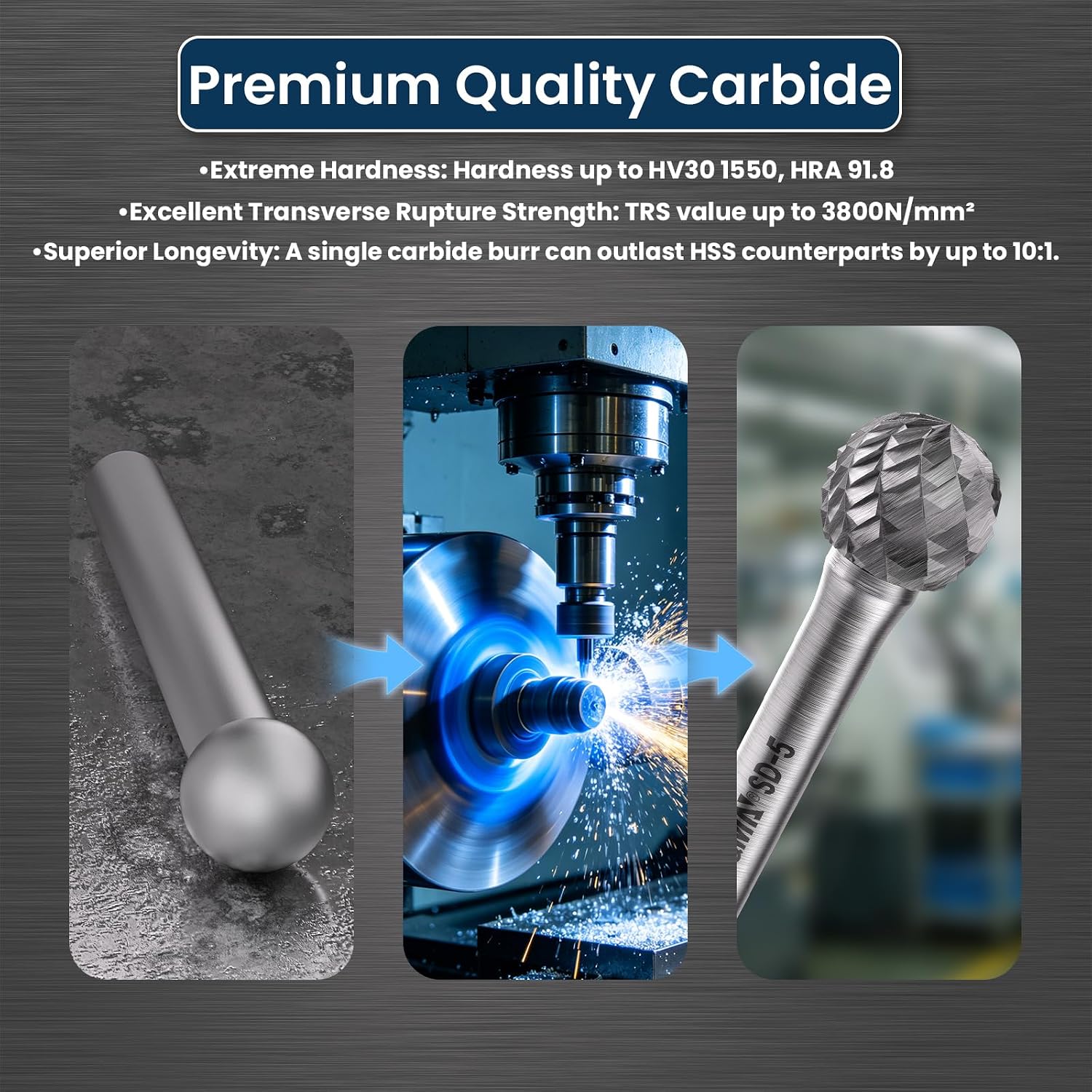 LU&MN SD-5 Tungsten Carbide Burr, 1/2" Head 1/4" Shank, 3 Pcs