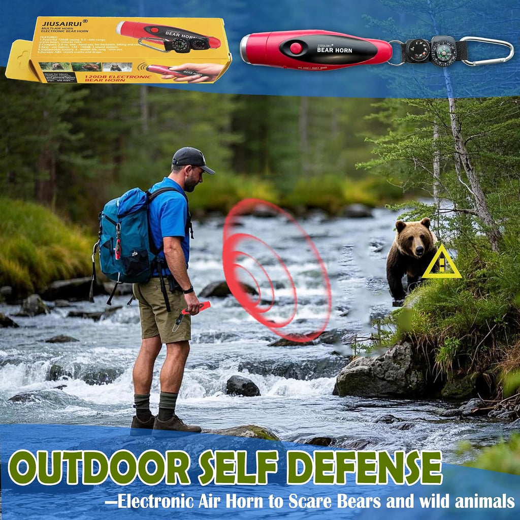 JIUSAIRUI 120dB Electronic Air Horn with Compass & Thermometer- Bear Horn to Scare Bears - Self Defense for Hiking