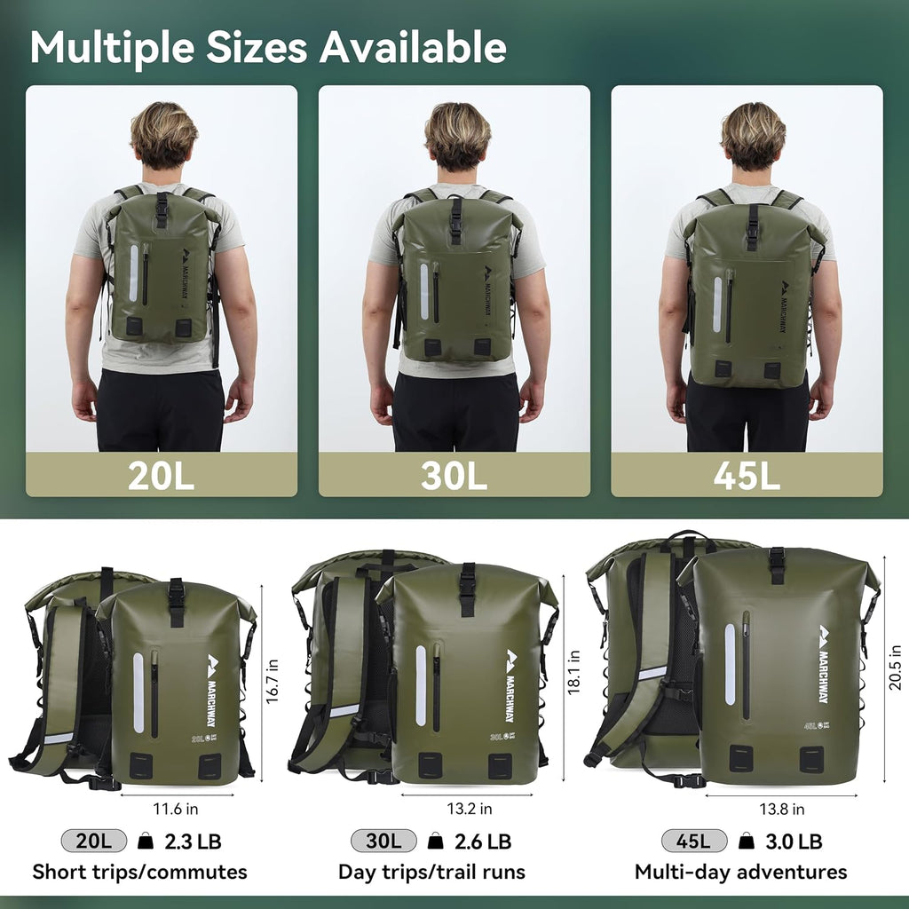 MARCHWAY Roll Top Waterproof Backpack, Floating Dry Bag 20L/30L/45L with Ergonomic Rectangular Base, Cushioned Back, Hip Strap for Hiking Camping Kayaking Travel (Army Green, 20L)