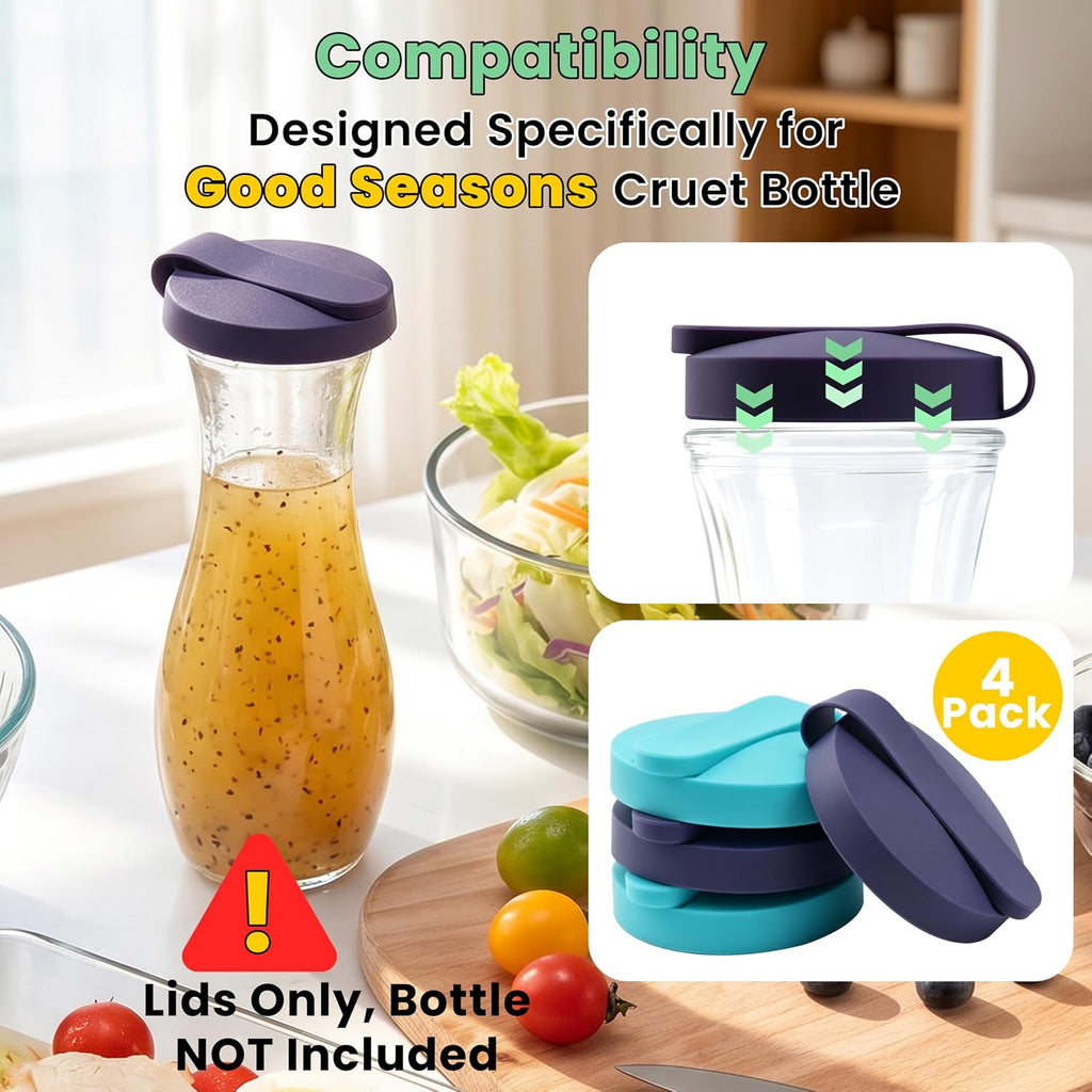 Replacement Lids for Good Seasons Cruet, Silicone Lid for Italian Dressing Mix Cruet Bottle, Leak-proof Seal, Food-Grade Cover, Dishwasher Safe (Bottle Not Included, 4-Pack 2 Colors)