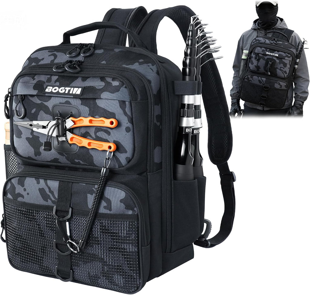 Fishing Backpack with Fish Rod & Lures Kit Lightweight 25L Tackle Bag with Fishing Gear and Tackle Boxes, Fish Gifts for Men Woman-Black Camo Backpack