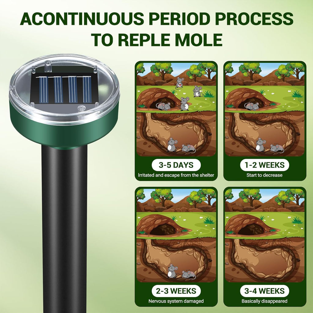 Mole Repellent for Lawns - Gopher Repeller Ultrasonic Solar Powered Vole Repellent Outdoor Waterproof Rat Deterrent Spikes Repellent Snake,Chipmunk,Groundhog,Sonic Mole Stakes for Garden,Yard