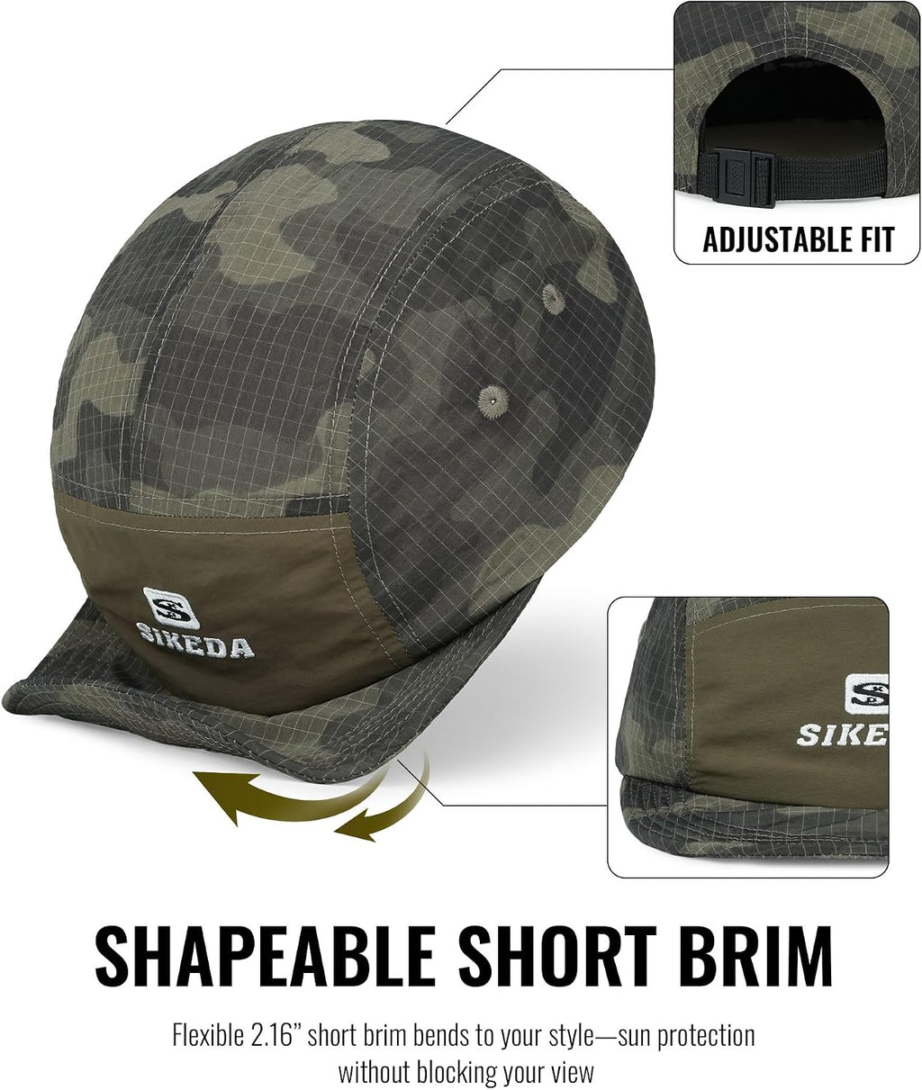 CLAPE Short Brim Baseball Cap for Men, Camouflage Quick-Dry 5 Panel Camper Hat Shapeable Low Profile Short Bill Cap