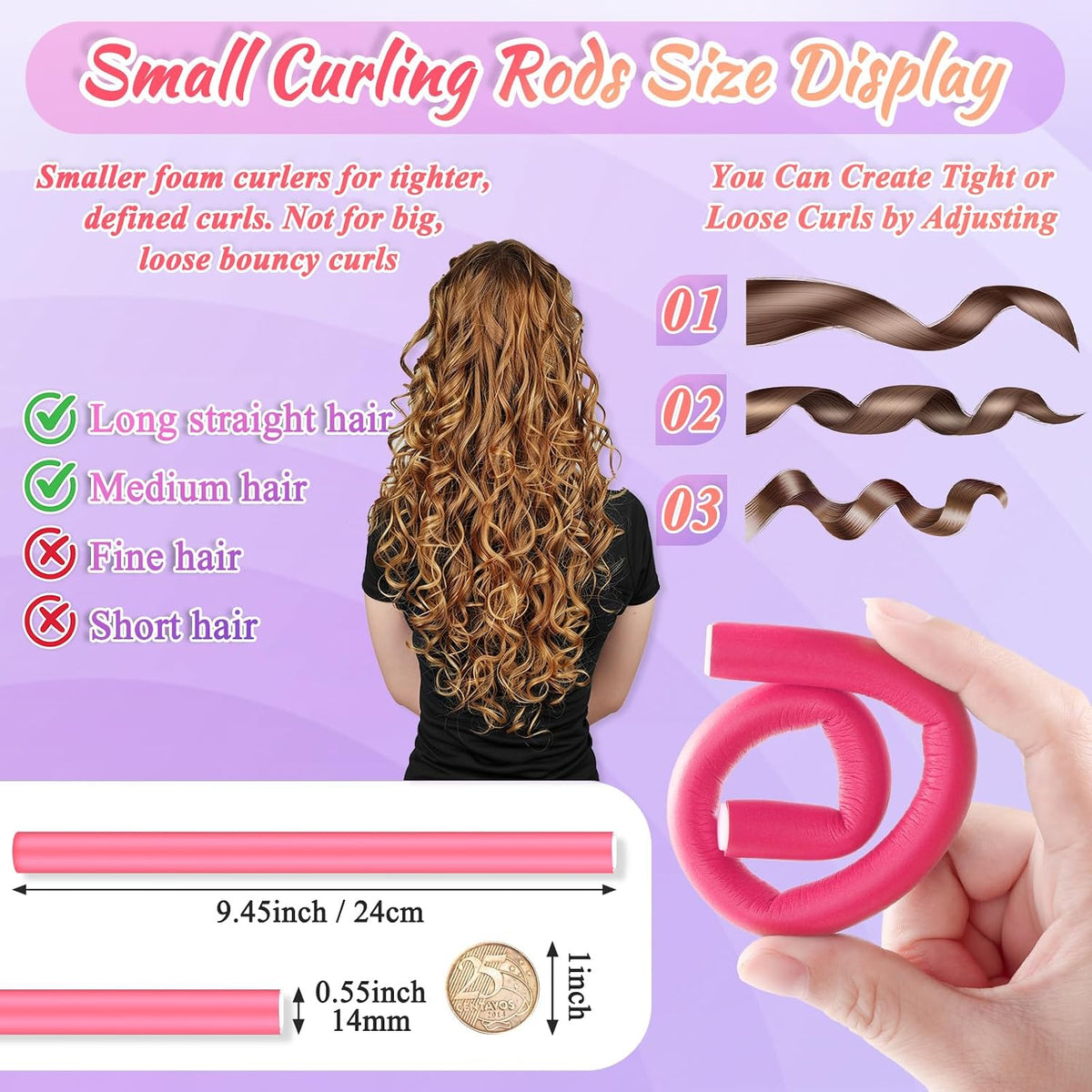 Selizo 30Pcs 9.45"x0.55" Flexible Hair Rollers, Foam Curlers for Short, Medium and Long Hair, No Heat Curlers, Hair Rods - Pink(Diameter 0.55')